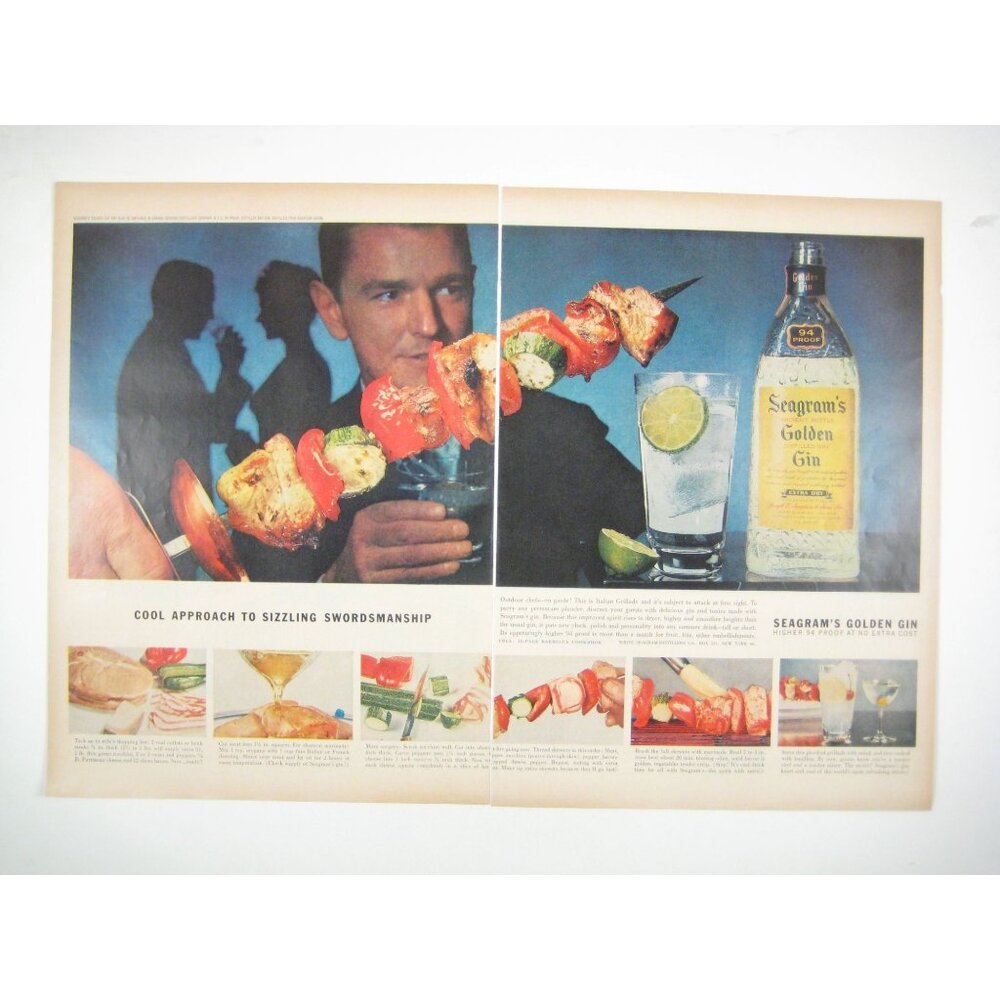 Vintage Seagrams Golden Gin Print Ad 1950s Skewered Food Cocktail 2 Page